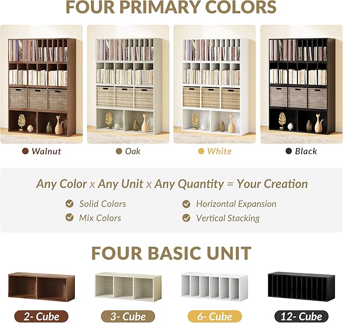 IOTXY DIY Modular Cube Bookcase - CubeXY Customizable Stackable Expandable Basic Shelving Units, 12-Cube Wooden Open Bookshelf with Removable Shelves for Vinyl Record Storage Organizer, Oak