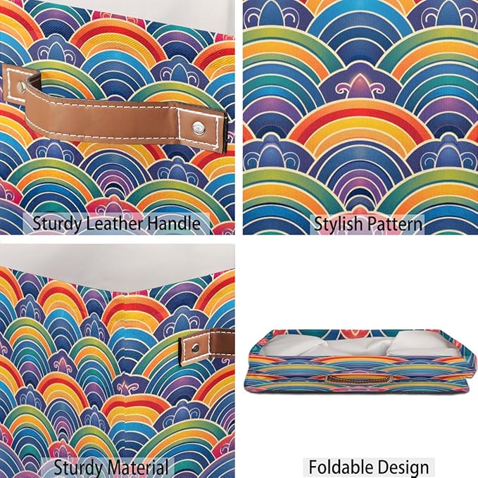 TropicalLife 13x13x13 Inch Large Fabric Storage Cube Vintage Rainbow Flowers Foldable Storage Bin with Handles Organizer Boxes Cube Basket for Shelves Organizing Closet
