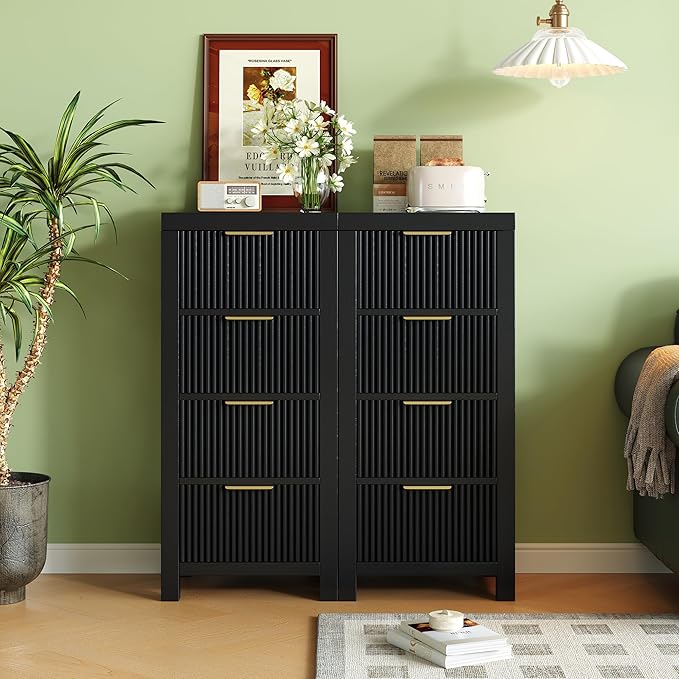 Tall Mid-Century Dresser with 4 Large Drawers, Black Wood Storage Cabinet with Metal Handles for Entryway, Bedroom, or Office
