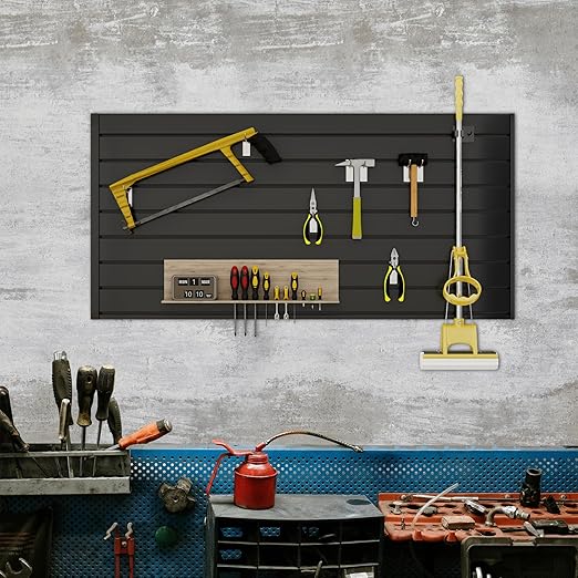 4FT x 2FT Black PVC Slatwall Panel, Modern Wall-Mounted Garage Storage System, 1 Shelf, 75 lbs Weight Capacity