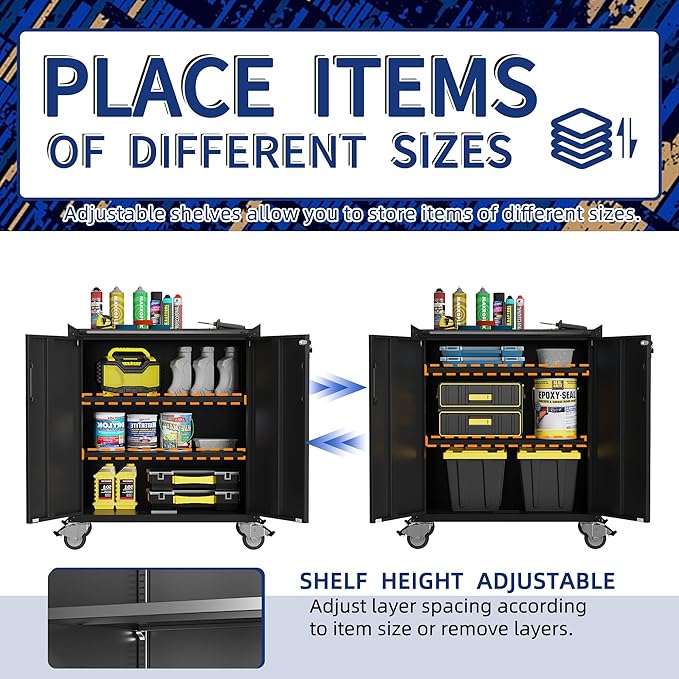 Metal Tool Cabinet,Garage Storage Cabinet System,Wall Cabinet & Locking Rolling Tool Cabinet with Doors and Adjustable Shelves,Steel Tool Cabinets for Home (2 Pcs-StyleB, Black)