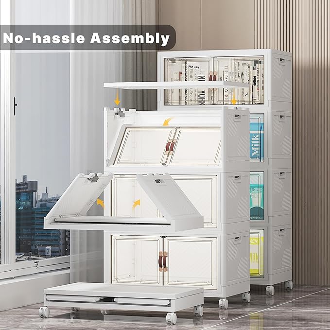 220Qt Stackable Storage Bins with Lids, 4 Pack Collapsible Storage Bins with Wheels, Plastic Cabinet with Doors, Foldable Closet Organizers for Home, Dorm, Office, White