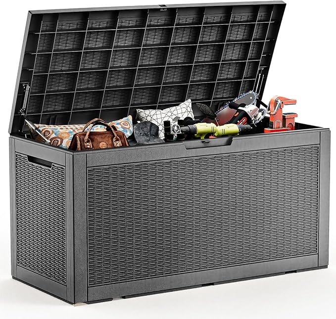 EasyUp 100 Gallon Deck Boxes Waterproof, Outdoor Large Storage Boxes with Lids, Outside Resin Storage Box & Deck Boxes for Patio, Garden Use(Black)