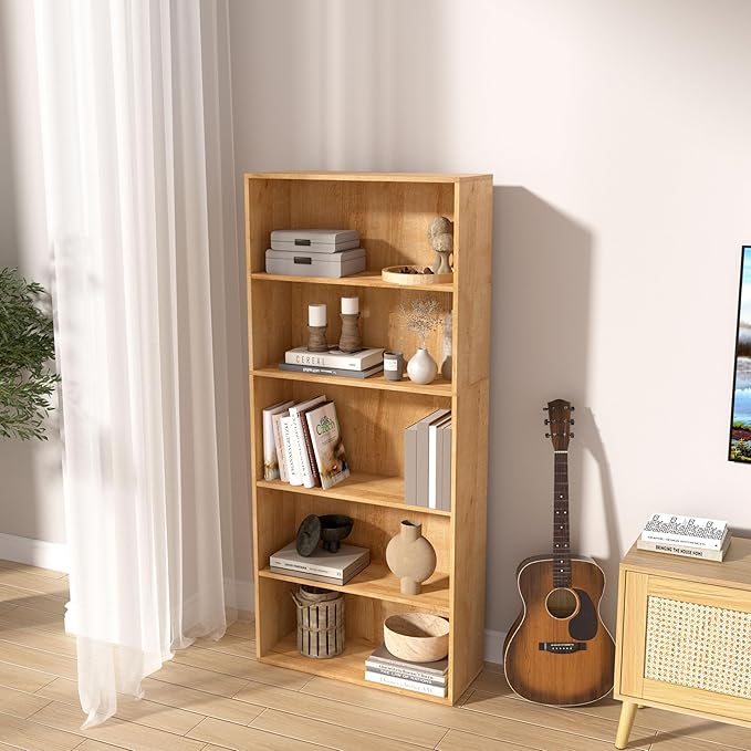 5 Tier Book Shelf,Wooden 5 Cube Storage Organizer,5 Tier Low Bookcase Storage Display Organizer, 54 Inch Versatile Cubes Shelf and Cubby Unit for Any Space (Natural Oak, 5 Cube-W(23.6inch)
