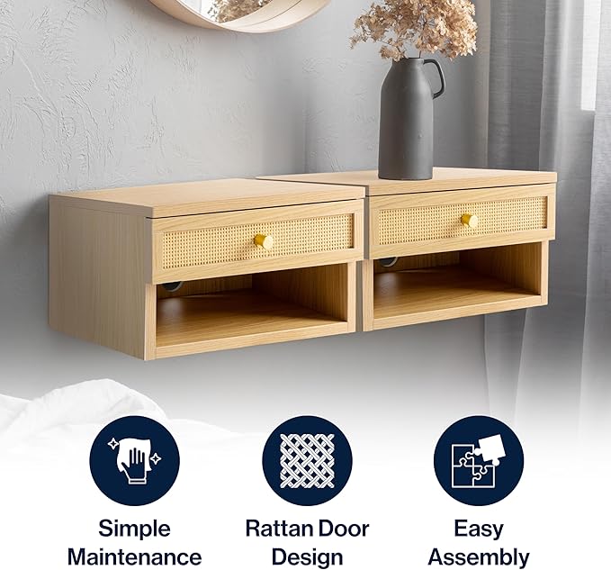 JONATHAN Y NST2000B Celerie 15.71" Mid-Century Modern Floating Wall Mounted Nightstand with Soft-Close Rattan Drawer and Cable Hole, Light Oak