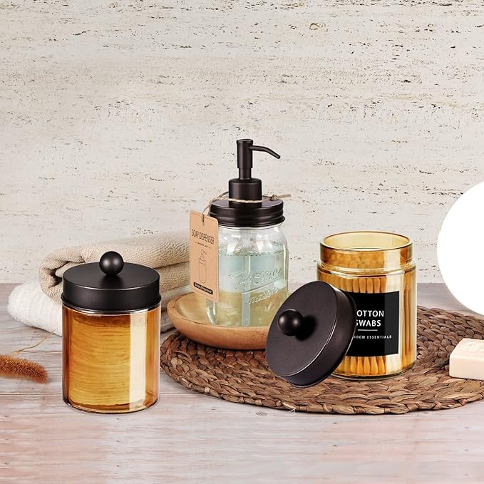 Amolliar Bronze Glass Apothecary Jar With Metal Lid & Stickers, Bathroom Qtip Dispenser Storage Canister, Perfect for Cotton Balls, Cotton Swabs, Makeup Pads, Bath Salt, Floss, 1 Pack (Bronze)
