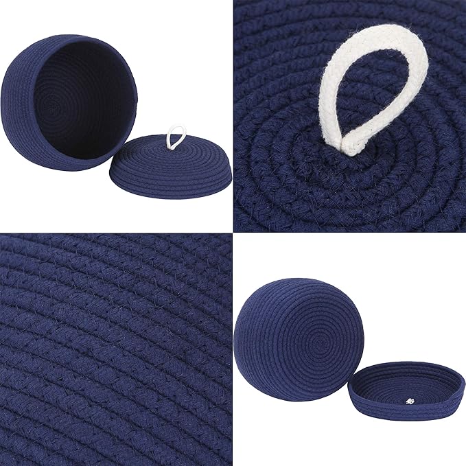 Sea Team Round Cotton Rope Storage Basket with Lid, Decorative Woven Storage Bin, Pot, Caddy, Organizer, Container for Snacks, Towels, Plants (Dark Blue, Small/2-Pack)