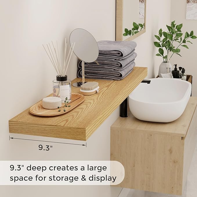 Fun Memories 40 Inch Floating Shelvese, 40" W x 9.3" D Floating Shelf Set of 2, Farmhouse Wood Wall Shelves for Bedroom, Kitchen, Wall Mounted Deep Shelving for Home Decor, Oak Color