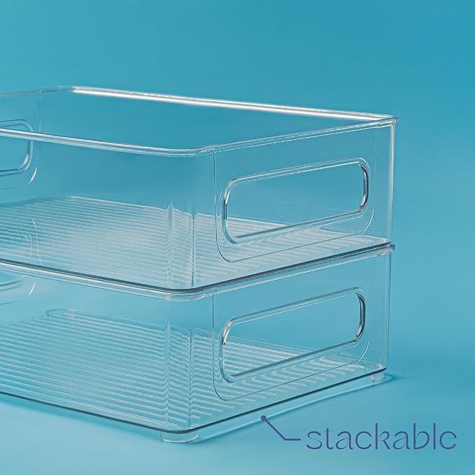 primebox Plastic Food Storage 6 Pack Clear Container Bin with Handles for Organizing Kitchen, Pantry, Refrigerator, Freezer, Pantry, Cabinet, Closet, Bathroom. Stackable 10”x8”x3”