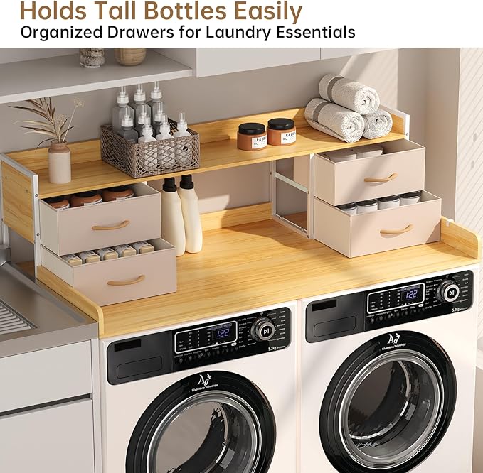 4 Drawers Washer Dryer Countertop with Shelf, 27.5" D x 54" W Laundry Topper with 3.54" High Guardrails and Non-Slip Pads,Extra Storage Organizer for Over Washer and Dryer, Holds 66 Lbs,Light Oak
