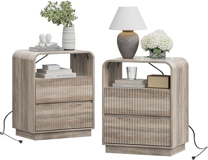 Grey Nightstands Set of 2 with Charging Station, Mid Century Modern End Tables & Bedside Tables, Fluted Wood Small Night Stands with 2 Hidden Drawers and Storage Shelf for Bedroom, Gray
