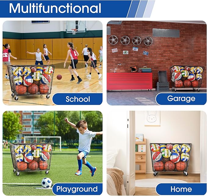 Mythinglogic Rolling Ball Storage Cart, Ball Storage Bin with Lockable Lid, Garage Organizer Made of Steel, Suitable for School Sport Equipment Storage