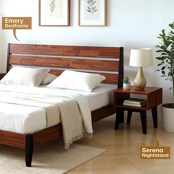 Acacia Serena Nightstand Solid Wood Nightstand with Open Storage Shelf, Wood Bedside Table, Night Stands for Bedroom - Americano