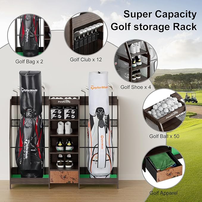 Golf Bag Storage Organizer for Garage, Premium Wooden 2 Golf Bags Rack with Drawer, Easy Assemble Golf Club Stand/Holder Suitable for Garage Home Simulator and Office