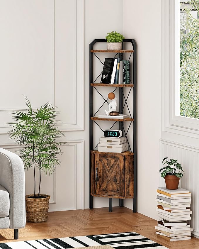 62.2" Corner Shelf with Cabinet, 4-Tier Tall Corner Bookshelf with X-Shaped and Diamond Design, for Living Room, Bedroom, Bathroom Storage, Rustic Brown and Black