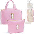 YOOLIFE Travel Toiletry Bag for Women - Hanging Toiletry Bag Initial Makeup Bag, Portable Toiletries Cosmetic Bag, Airplane Travel Essentials - Letter I, Pink