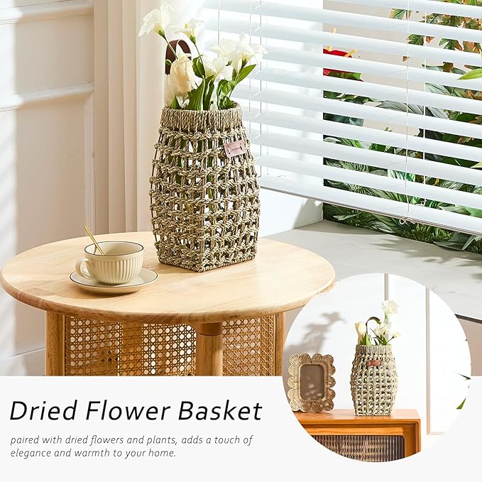Woven Front Door Basket Water Hyacinth Wall Hanging Basket Decorative Boho Mounted Organizer for Dried Flower Plants Storage Basket for Garden, Home, and Farmhouse Décor (C_Seagrass)