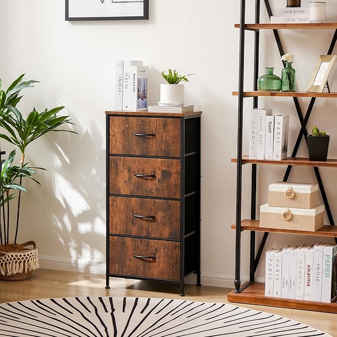 Sweetcrispy 4 Drawer Dresser, Fabric Storage Tower Organizer with Sturdy Steel Frame and Wood Top, Easy Pull Handles, for Bedroom, Closet, Entryway, Hallway, Brown