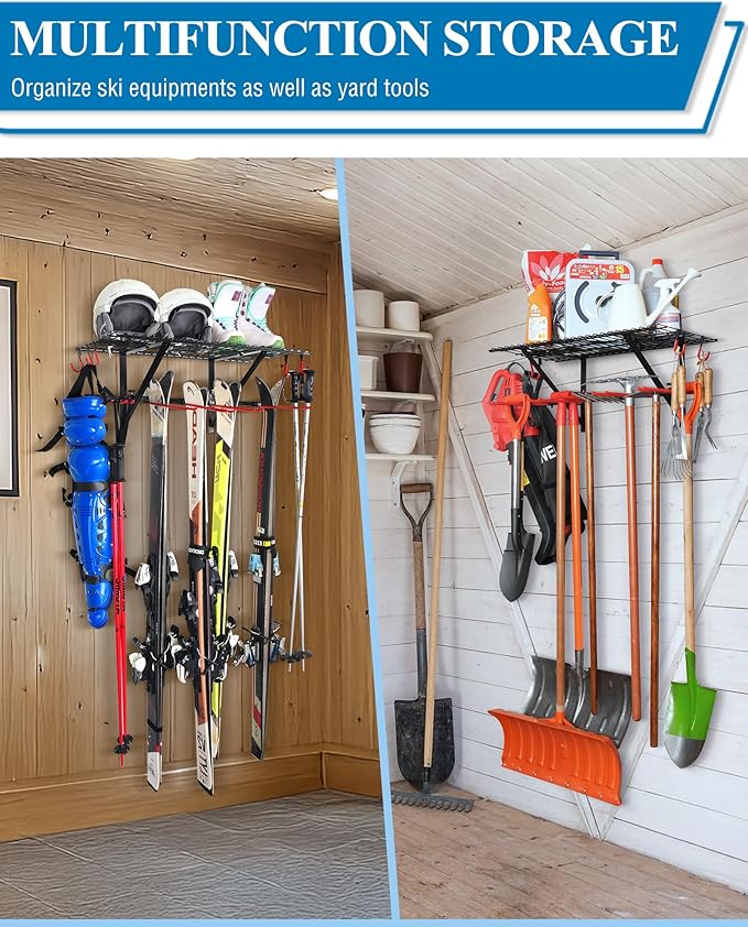 Mythinglogic Wall Mounted Ski Rack, Ski and Snowboard Storage Rack for Garage/Shed, Large Capacity Ski Equipment Holder with Top Shelf