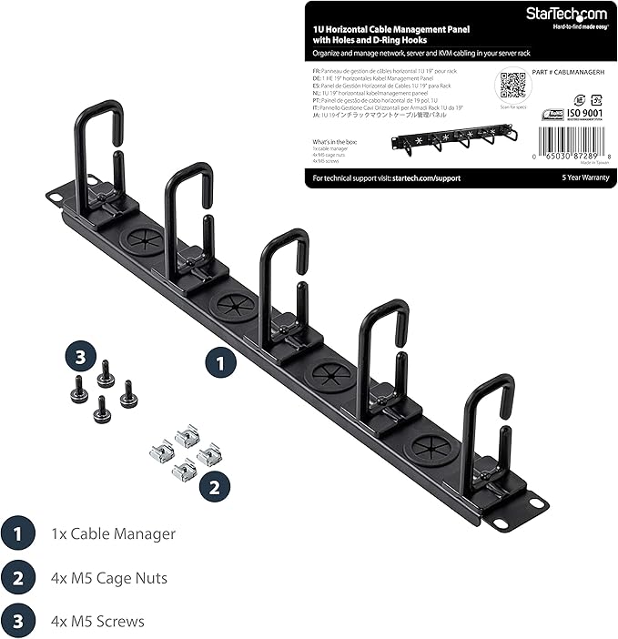 StarTech.com 1U 19" Cable Management Organizer - D Ring Hook Network/Server Rack Cord Manager - Data Center Horizontal Wire Panel with Passthrough Holes w/Mounting HW - EIA/ECA-310-E (CABLMANAGERH)