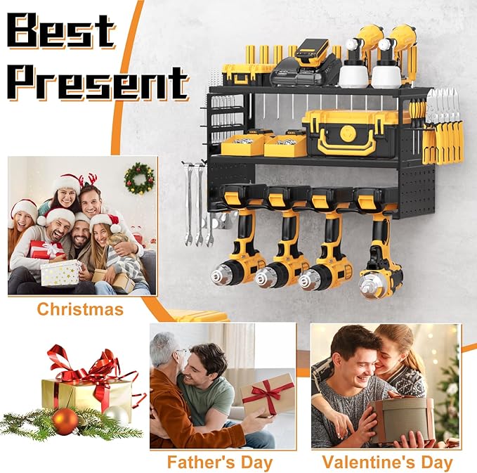 Power Tool Organizer Wall Mount, 150Lbs Load 3 Layer Heavy Duty Metal Tool Shelf with 4 Drill Holders, Garage Workshop Storage for Cordless Tools Batteries Screwdrivers(Black A)