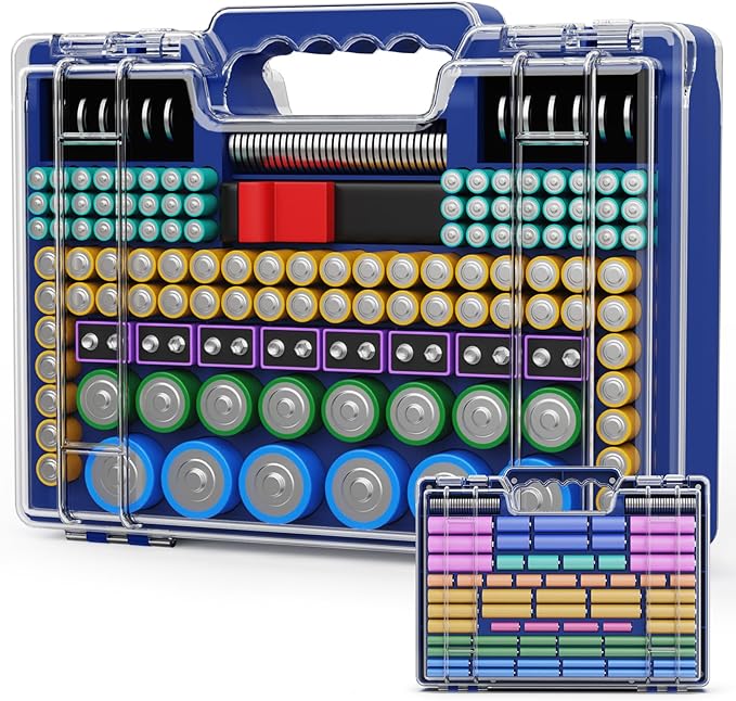 Battery Organizer Storage Holder Box Case with Tester, Ultra-Large 262+ Batteries Container with Double-Sided, Holds AA AAA 4A 23A C D Cell 9V 3V Lithium 4LR44 CR3 CR123A 18650 (Blue)