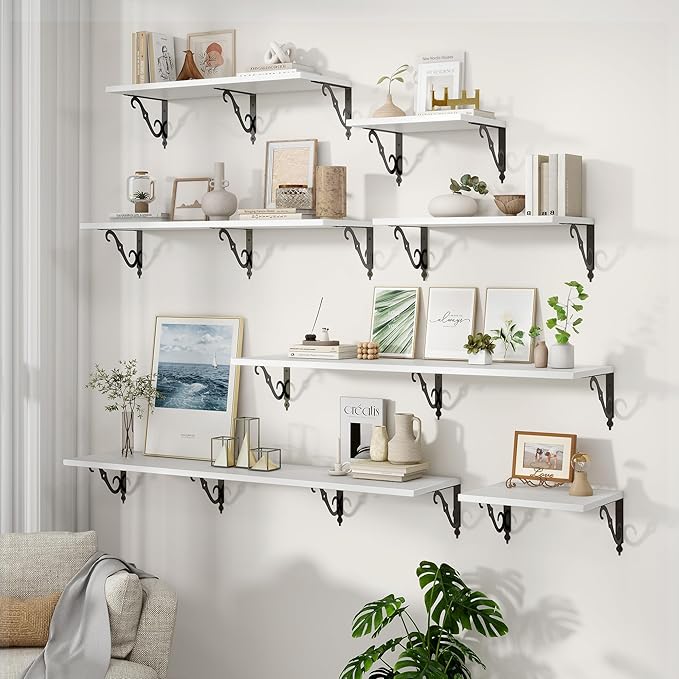16 Inch Deep Floating Shelves for Wall, 12 Inch Deep Floating Shelf with Bracket, White Wall Shelves 16 Inches Long, Wide Display & Storage Shelves for Living Room, Bathroom, Bedroom, White, Set of 2