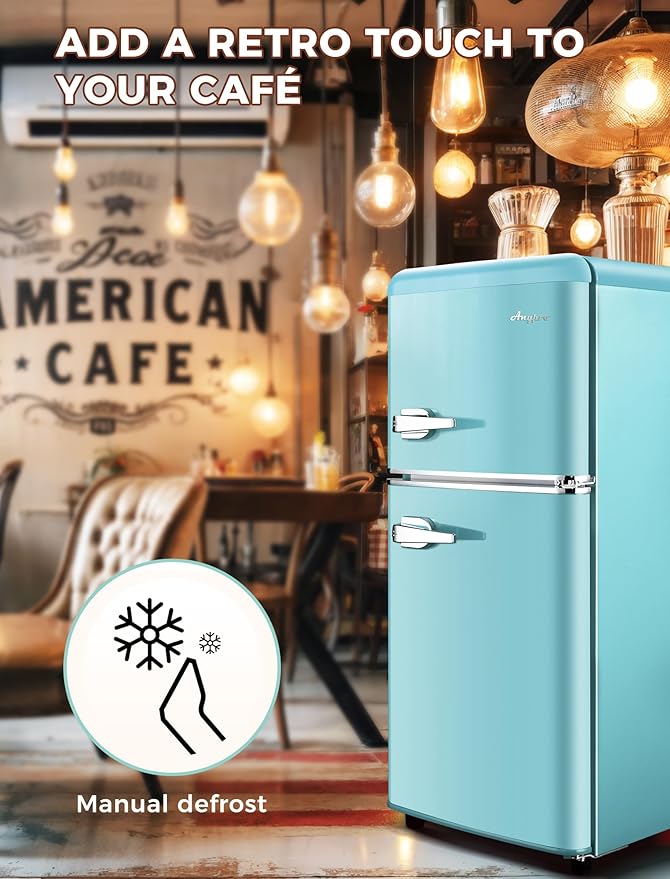 3.2 Cu.Ft Refrigerator, Retro Double Door Fridge with Freezer, 7 Adjustable Temperature Settings, Removable Glass Shelves for Dorm, Office, Bedroom, Apartment, Blue