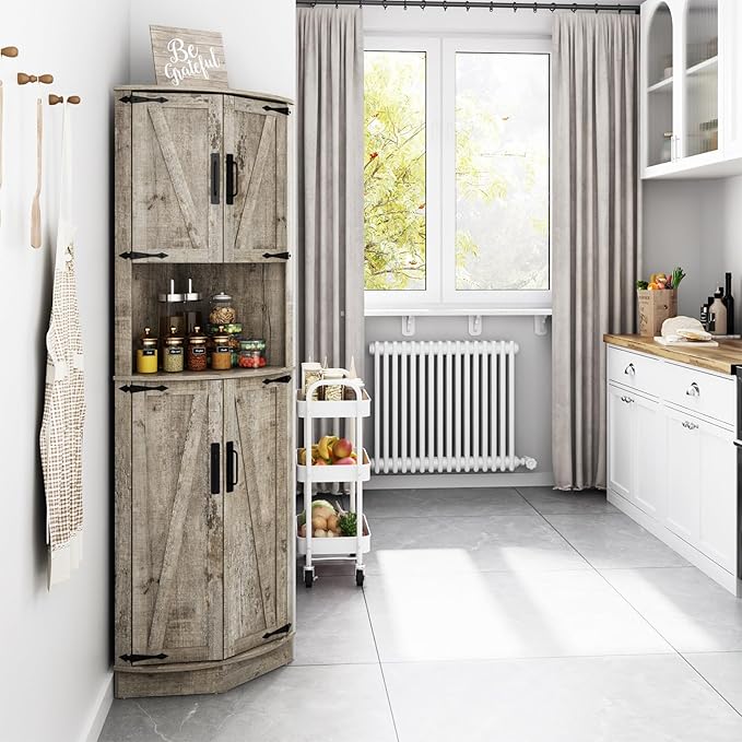 68" Tall Farmhouse Corner Cabinet, Dining Room Storage Cabinet with 4 Barn Doors and 5 Level Storage with Adjustable Shelves, for Kitchen, Living Room, Laundry Room, Light Rustic Oak