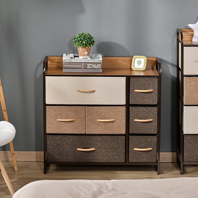 HOMCOM 7-Drawer Dresser, Fabric Chest of Drawers, 3-Tier Storage Organizer for Bedroom Entryway, Tower Unit with Steel Frame Wooden Top, Maple Wood