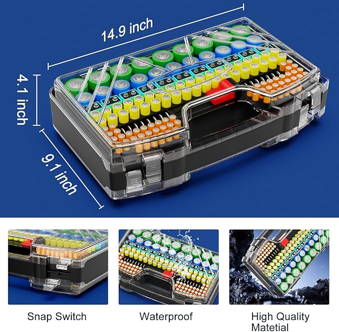 Battery Organizer Storage Holder Box Case with Tester, New Ultra-Large 285+Batteries Double-Sided Variety Pack, Holds AA AAA 4A C D Button Cell 9V 3V CR123 CR1632 LR44 Lithium18650 CR2 Black