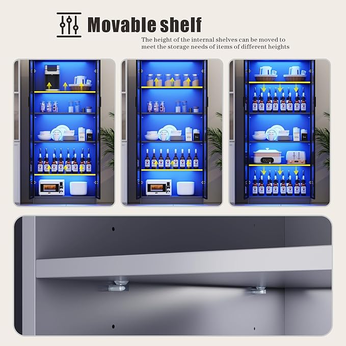 65" Tall Display Cabinet with Doors, Lighted Bookcase with Lights/Human Sensor, 5 Tier Display Case with Adjustable Shelves for Collectibles Bedroom Living Room Office, Grey-Smoked Black Door