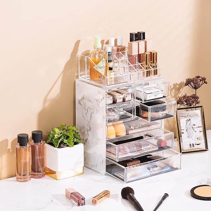 Sorbus Clear Cosmetic Makeup Organizer - Make Up & Jewelry Storage, Case & Display - Spacious Design - Great Holder for Dresser, Bathroom, Vanity & Countertop (3 Large, 4 Small Drawers) [Marble Print]