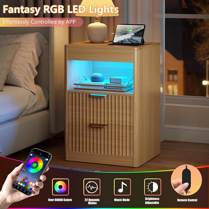 REAHOME Fluted Nightstand with Charging Station, Modern LED Night Stand with 2 Drawers and Pull Out Tray, Wood Bedside Table, End Side Table with Open Shelf for Bedroom,Natural