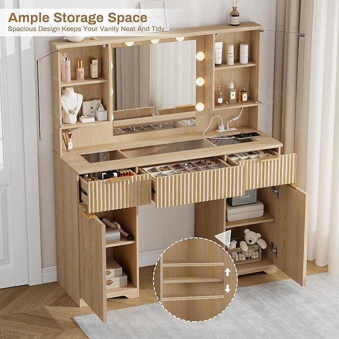 ONME Fluted Vanity Desk 47.2" with Mirror and Lights, Big Vanity with 5 Large Drawers and Adjustable Shelves, Makeup Vanity Table with Glass Top and Charging Station for Women and Girls Bedroom