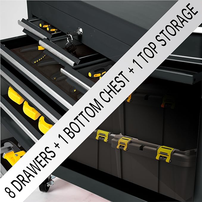 8-Drawer Rolling Tool Chest with Lockable Wheels, Sliding Drawers, Detachable Top & Adjustable Shelf – Heavy Duty Tool Storage Cabinet for Garage, Workshop & Home Organization, Black