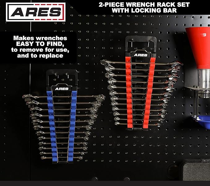 ARES 62043-2-Piece Wrench Rack Set with Locking Bar - SAE Rack Holds 1/4-Inch to 1-Inch Sizes - Metric Holds 6 to 25mm Sizes - Locking Metal Clip Secures Wrenches
