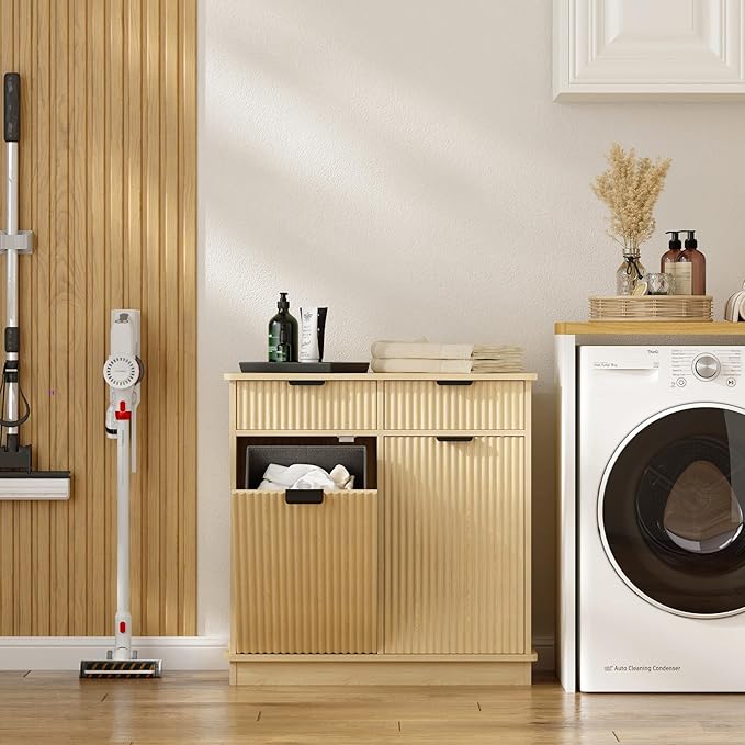 Natural Double Tilt Out Laundry Hamper Cabinet Laundry Basket Cabinet Hidden Laundry Hamper with 2 Drawers & 2 Baskets for Bathroom Bedroom,30x30x16in