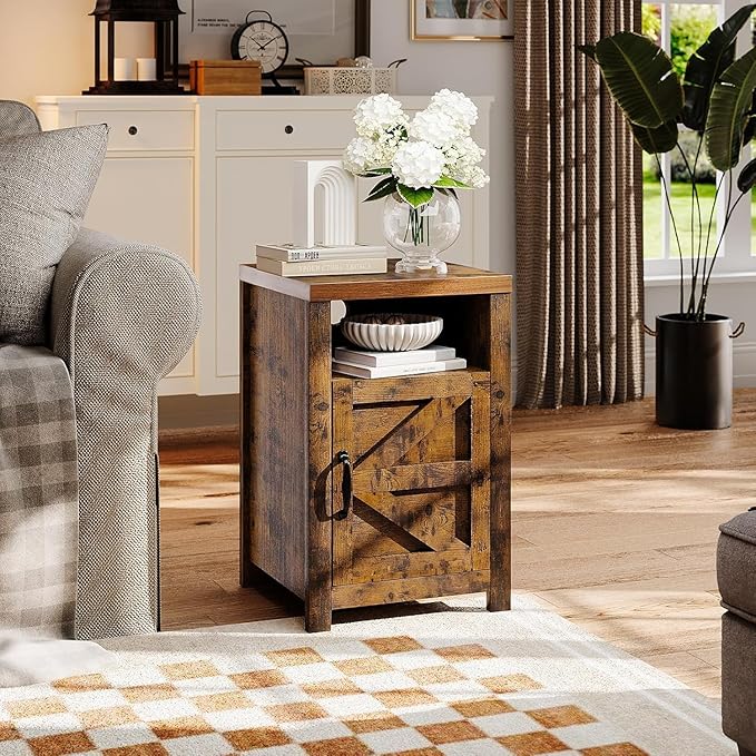 Farmhouse Nightstand with Charging Station, Couch Side Table Set of 2, Bedside Table with Storage Space, End Tables with Barn Door, Bed Side Tables for Living Room and Bedroom, Rustic Brown