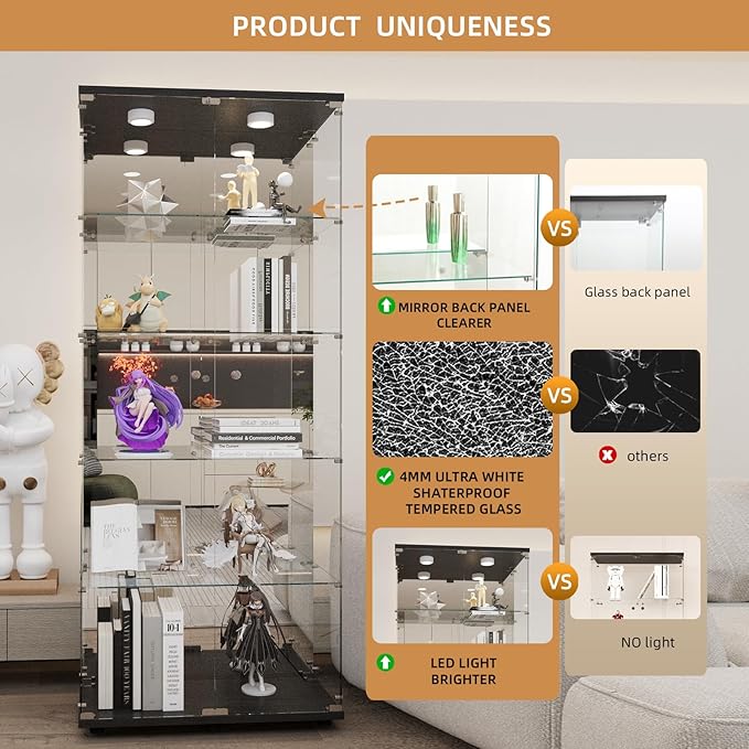 Beauty4U Glass Display Cabinet with LED Lights and Mirror, 5 Shelves with 2 Doors, Curio Cabinets for Living Room, Bedroom, Office, Black Floor Standing Glass Bookshelf, Quick Installation