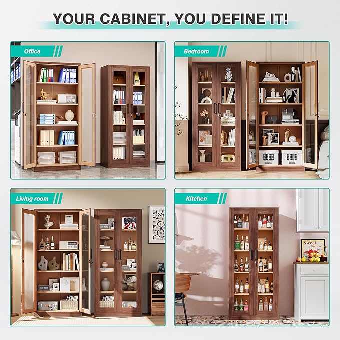 Metal Storage Cabinet with Lock and Glass Doors,Glass Display Cabinet,Tall Storage Cabinets,Locking Curio Cabinets with 5 Shelves for Collectibles,Home,Office,Living Room