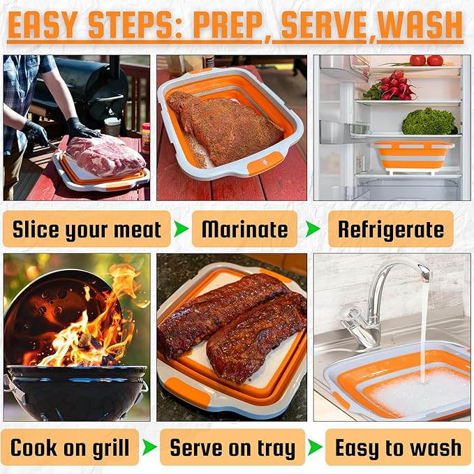 MAYALEAD BBQ Prep Tub with 2 Pcs Meat Shredder Claws, Collapsible Cutting Board, Cutting Board with Locking Lids, Drip Easy BBQ Prep Tub with lid-XL Size (Orange)