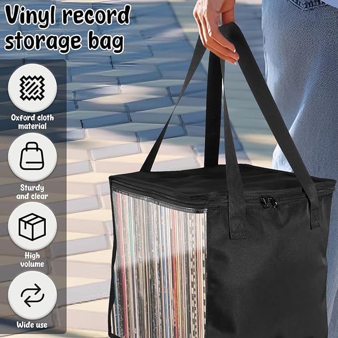 1/4 Pcs Vinyl Record Storage Box with Lid and Handles, Oxford Cloth Record Album Storage Crate, Foldable and Stackable Record Organizer Storage Case for Collecting Valuable Album (4PCS)