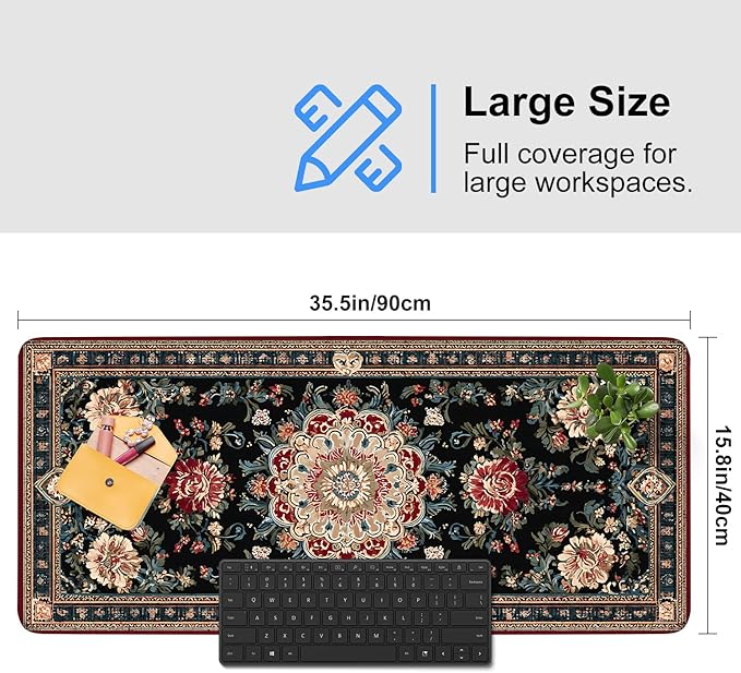 Vintage Persian Carpet Mouse Pad – Large Extended Desk Mat 35.43 x 15.75 in – Oriental Floral Rug Design, Non-Slip Rubber Base, Stitched Edges, Soft Keyboard & Mouse Mat for Office or Gaming