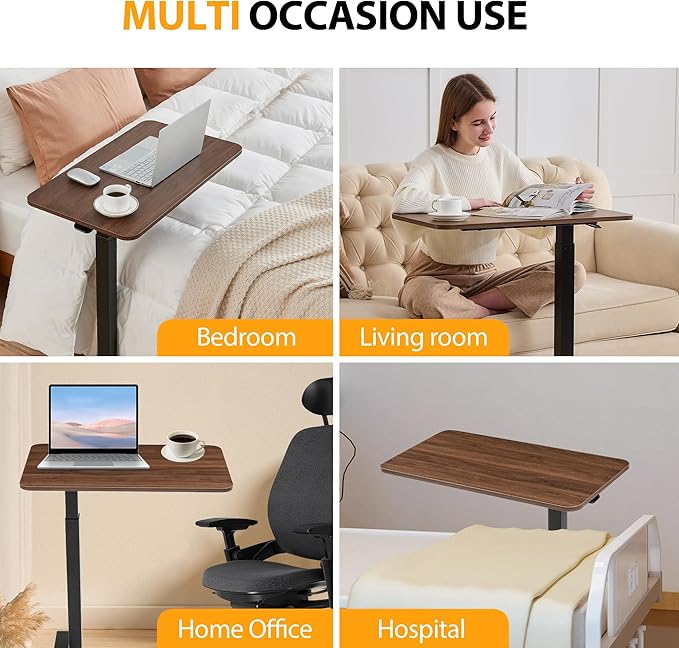 Overbed Table with Hidden Wheels, Height Adjustable Medical Bed Table Hospital Bedside Table, 28" W x 16" D Rolling Laptop Standing Desk for Home & Office, Walnut Brown