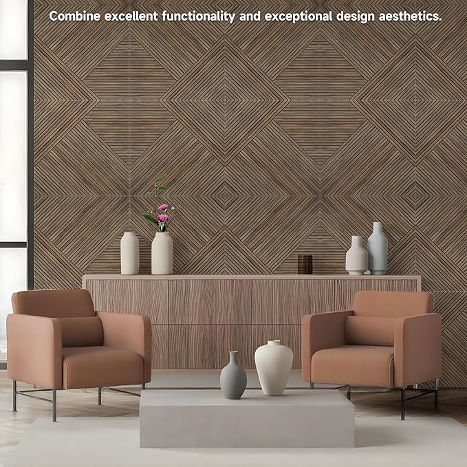 TO-TH Acoustic Panels for Wall and Ceiling - 6 Pack 2'x2'x0.4,Self-Adhesive 3D UV Printing Decorative Wall Panels with Wood Look,Natural Walnut
