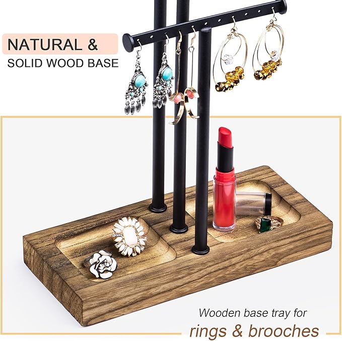 Love-KANKEI Jewelry Organizer Stand Metal & Wood Base and Large Storage Necklaces Bracelets Earrings Holder Organizer Gift Black and Carbonized Black