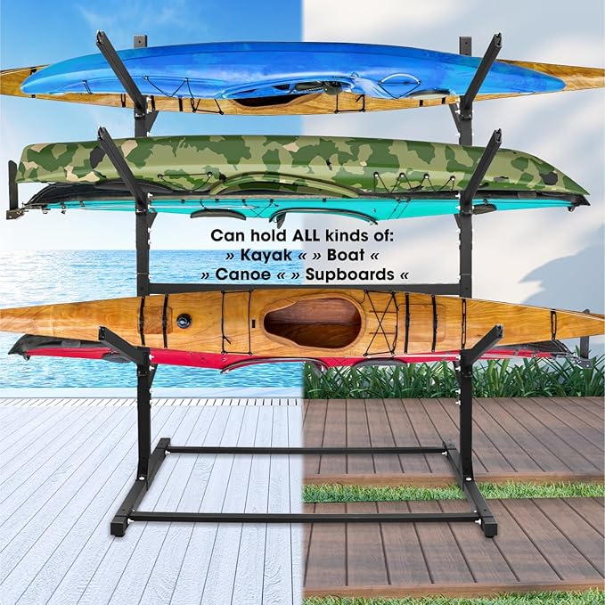 Adjustable Kayak Storage Rack, Freestanding Sup Storage Stand, Weatherproof Canoe Holder, Heavy Duty Paddleboard Bracket, Surfboard Bracket for Indoor, Outdoor, Garage, Shed, Dock…