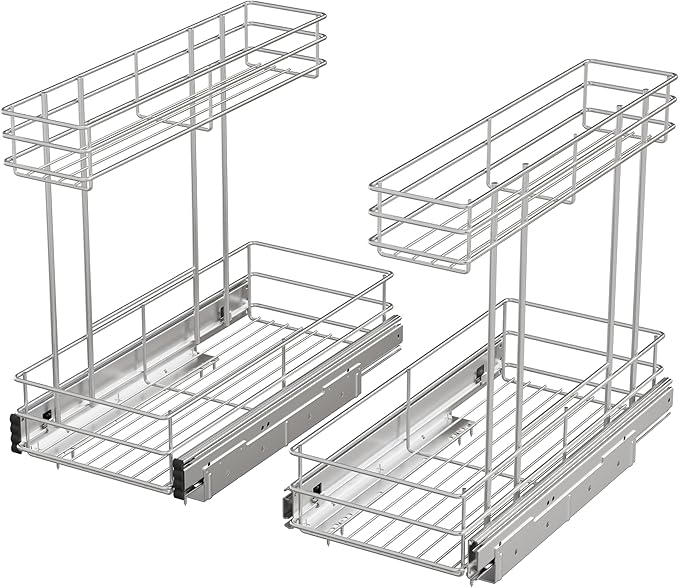 Under Sink Organizer 2 Packs, Pull Out Cabinet Organizer 2 Tier, Under Sink Slide Out Organizer Chrome Plated, Under Kitchen Bathroom Sink Organizer, Pantry Cabinet Closet Organization Rack, 9"W X19"D
