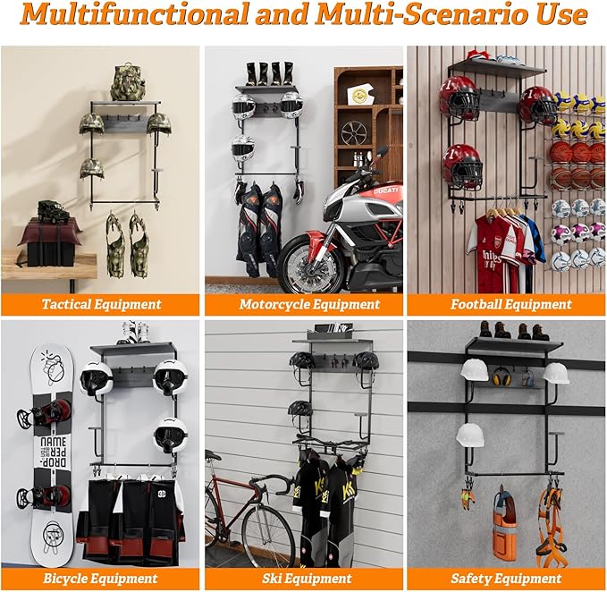 Motorcycle Helmet Holder Wall Mounted, Helmet Holder Wall Mount with Helmet Rack, 4 Glove Chips and 4 hooks, Rustic Helmet Holder and Motorcycle Helmet Rack for Most of Helmet and Clothes (Grey)